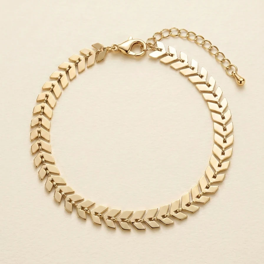 Minimalist-golden-wheat-anklet پابند زنانه طلایی با طراحی زنجیر طرح گندمی (شورون) براق و قفل طوطی